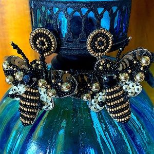 EMBELLISHED BLACK AND GOLD BEE SEED BEAD EARRINGS